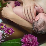 This newborn clings to her mother's breast while grasping her thumb.